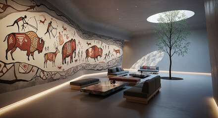 Salon moderne avec des peintures rupestre