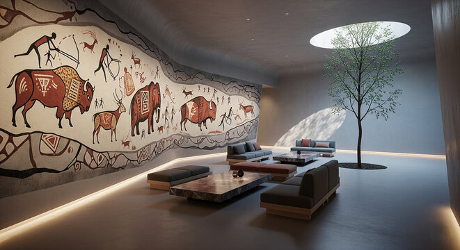 Salon moderne avec des peintures rupestre