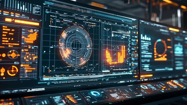 Multiple computer screens displaying complex data visualizations.