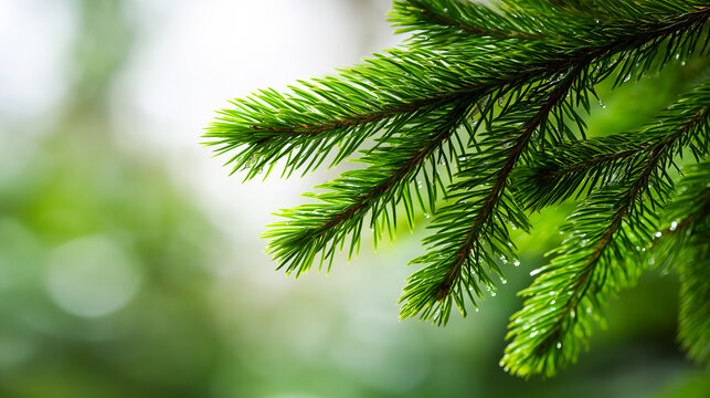 Fresh pine tree branches with dew drops glistening in soft light, highlighting the vibrant greenery and detailed texture of evergreen needles — ideal for nature-themed designs.