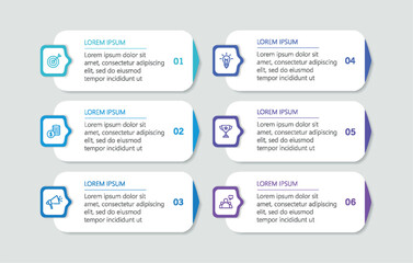 Business infographic design template with 6 options, steps or processes. Can be used for workflow layout, diagram, annual report, web design	