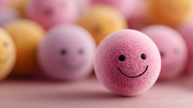 Happy Emoji Ball on a Soft Pink Background with Other Smileys