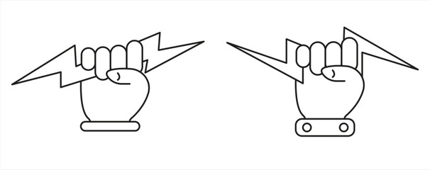 Lightning line icon with Hand, Electric power symbol, Power energy sign, vector illustration

