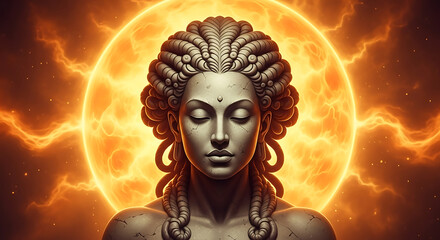 Tranquil visage amidst celestial illumination evokes a sense of serenity and enlightenment