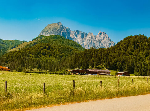 Alpine summer view with Mount Wilder Kaiser in the background at Gasteig, Kirchdorf in Tirol, Kitzbuehel, Tyrol, Austria