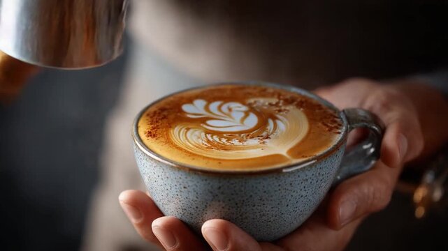 Latte Art Delight: An artisan barista pours expertly crafted latte art into a ceramic mug, showcasing the skill and artistry of coffee preparation.
