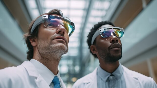 Technological Visionaries: Two scientists in lab coats gaze upward, wearing futuristic augmented reality glasses in a well-lit, modern setting. - Powered by Adobe