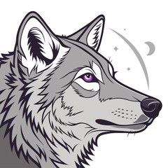 The Intrigued Wolf: A detailed illustration showcases a sleek, gray wolf with piercing purple eyes. The design features fine lines and subtle shading.