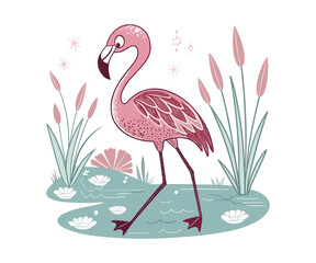 Graceful Flamingo: a charming flamingo with its characteristic pink plumage elegantly strides, embodying the beauty of avian wildlife in a tranquil wetland setting.