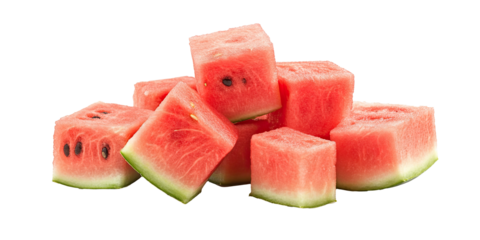 Juicy watermelon pieces cut into cubes isolated on white transparent background