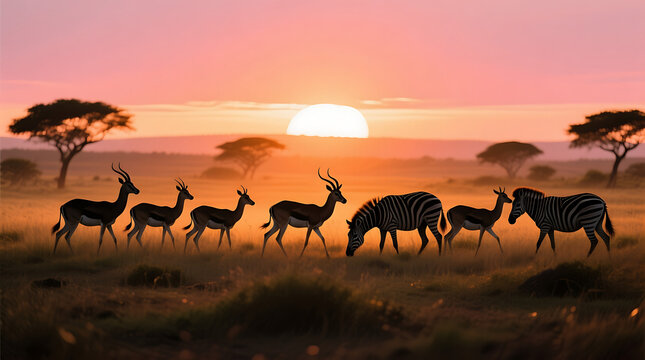 Majestic wildlife scene with a herd of zebras and impalas silhouetted by the setting sun on the African plains