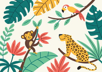 flat vector illustration of jungle animals with tropical leaves, vibrant colors, cartoon style