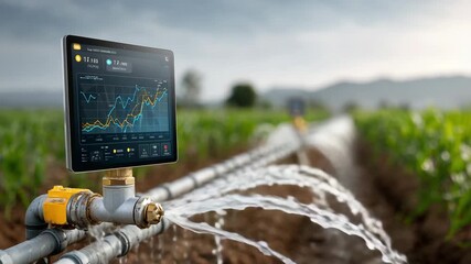 Smart irrigation system with real-time analytics in Asian farmland. Modern agriculture with data monitoring, sustainable water usage, and precision farming using future technology. - Powered by Adobe