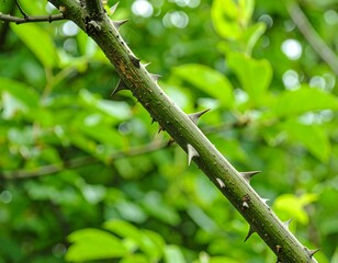 Close-up thorny branch in green foliage