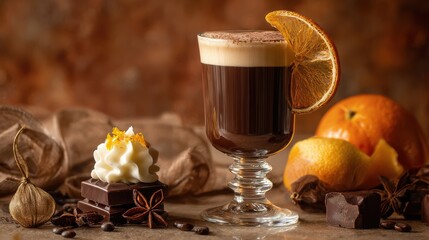 Obraz premium Rich Chocolate Coffee Drink with Orange Garnish and Whipped Cream on Rustic Background with Slices of Orange and Dark Chocolate