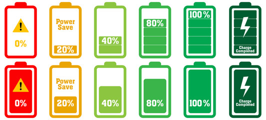 Battery level icon set. Charge status symbol with percent and charging sign. Power level indicator for app . vector illustration