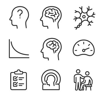 Memory Loss Icon Set. Outline icon set of memory loss and disorders: amnesia head silhouette, dementia brain outline, Alzheimer&rsquo;s