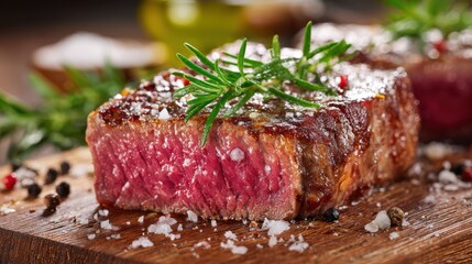 Juicy grilled steak with herbs and spices on wooden cutting board garnished with fresh rosemary and sea salt in a rustic kitchen setting