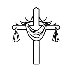 christian cross with crown of thorns and drape on white background 