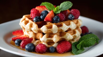 Delicious golden-brown waffles topped with fresh strawberries, raspberries, blueberries, and mint served on a white plate with maple syrup drizzle