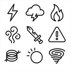 Mental Storm Icons. Outline icon set of mental storm: lightning strike, thunderhead, crackling fire, swirling smoke, broken sword,