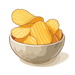 Crispy Potato Chips in Ceramic Bowl – Delicious Snack Vector Illustration	