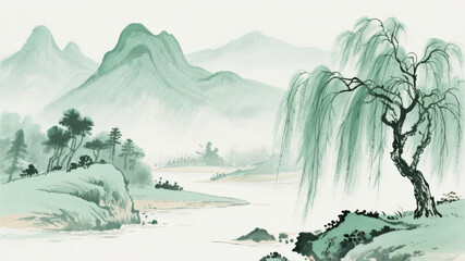 Serene Landscape with Willow Tree and Distant Mountains