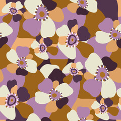 Cotton fabric Seamless pattern with retro abstract groovy flowers in warm tones of orange purple and cream inspired by 70s style perfect for textile fabric wallpaper or fashion projects