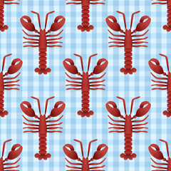 Cotton fabric Seamless pattern featuring red lobsters on a blue gingham background perfect for summer seafood themes beach house decor kids room nautical kitchen and ocean inspired projects