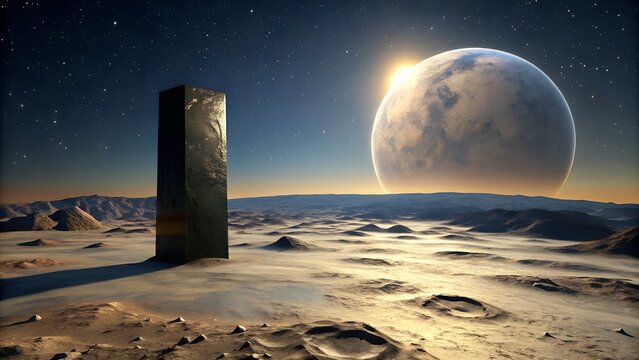 A mysterious black monolith stands on an alien planets rocky surface under a starry sky, with a large glowing moon and sun rising in the background
