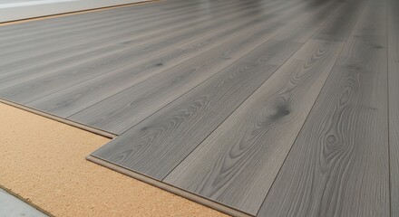 Gray laminate flooring planks laid on cork underlayment.
