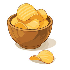 Brown Wooden Bowl of Chips – Classic Crunchy Snack Vector Illustration	