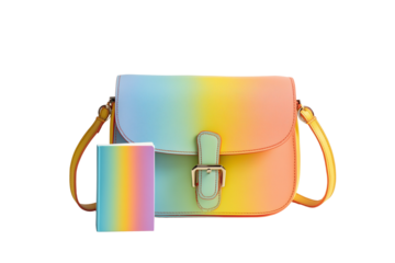 Stylish rainbow gradient shoulder bag with matching wallet presented against a clean black background