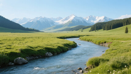 Obraz premium Mountain Stream Flowing Through Lush Green Valley