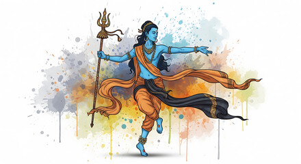 Naklejka premium Illustration of Indian deity dancing gracefully amidst colorful watercolor splash artistry