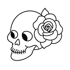 cute doodle skull with rose outline on white background 