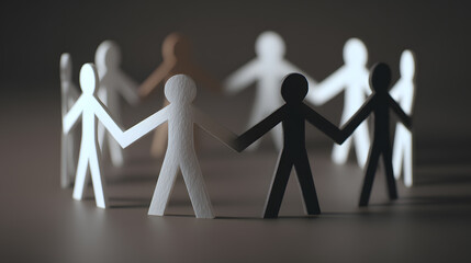 Paper-cut silhouettes of people holding hands. Concept of unity, diversity, equality or community. Ideal for social themes or teamwork visuals.