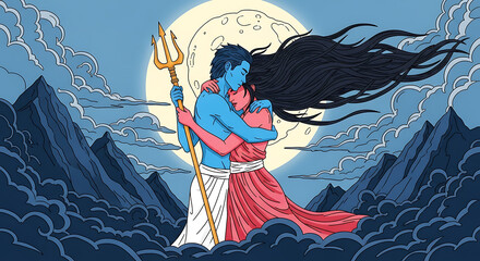 Fototapeta premium Mystical divine couple embraced under moonlight with mountains in the backdrop