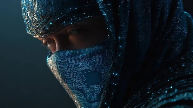 Futuristic ninja with circuit board patterned fabric covering face and head