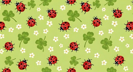 Charming ladybugs and clovers create a delightful spring pattern with a touch of luck and nature