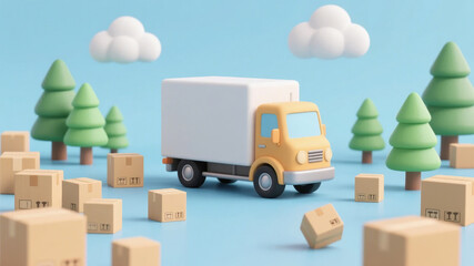 3D Illustration of a Delivery Truck Surrounded by Boxes and Trees
