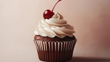 A delicious chocolate cupcake topped with creamy frosting and a cherry, perfect for celebrations or a sweet treat.