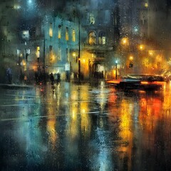 Obraz premium Rainy Night City Street Reflections, Urban Scene, Traffic, Nightlife