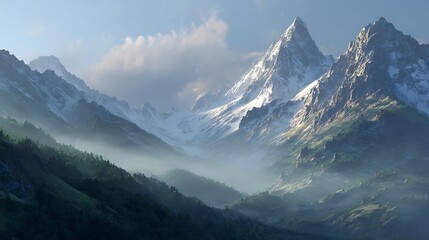 Majestic snow-capped mountains shrouded in mist.