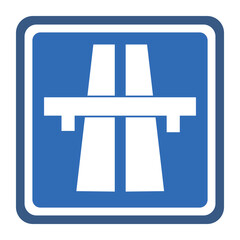 Blue square road sign with a white depiction of an autobahn or freeway, featuring two parallel vertical lines converging at the bottom, symbolizing a highway.