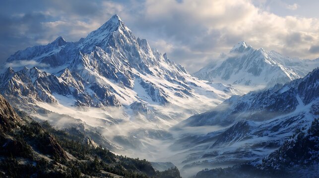Snowy mountain peaks against a cloudy sky. - Powered by Adobe