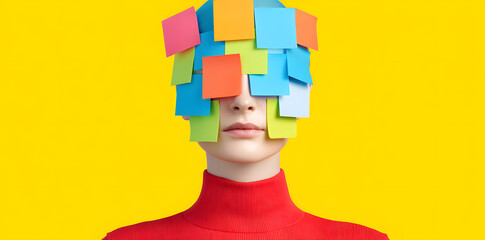 Colorful post-it notes covering person’s head. Represents mental overload, anxiety, and multitasking burnout.
