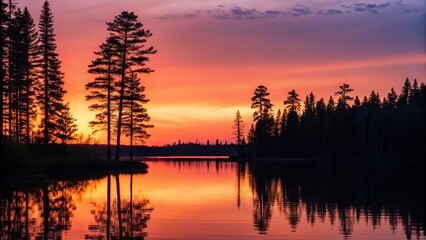 Naklejka premium A breathtaking view of a beautiful lake at dusk, with the sky ablaze in fiery shades of red, pink, and orange. The still water mirrors the stunning scene, creating a magical and symmetrical compositio