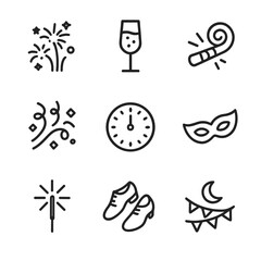 Fototapeta premium Midnight Celebration Icons. Outline icon set of midnight celebrations: fireworks, champagne glass, party horn, confetti, clock