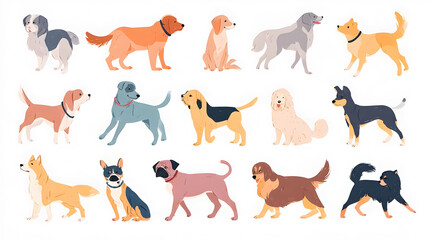 Obraz premium Colorful flat illustration of diverse dogs, playful and minimal. Ideal for educational, children’s or pet product design.